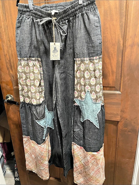 easel Pants - Easel Patchwork Wide Leg Pants in washed Black & Pink Large NWT